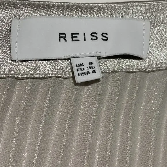 Reiss Metallic Pleat Skirt Shimmering Silver Midi Accordion Pleats Size 8 - Picture 3 of 7